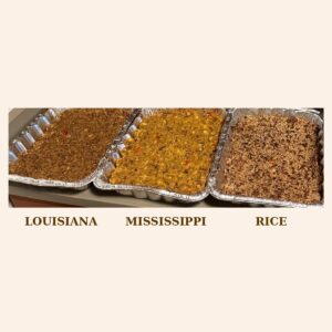 Three pans of homemade Louisiana cornbread dressing, Mississippi cornbread dressing, and rice dressing from Cajun Flare in Reseda